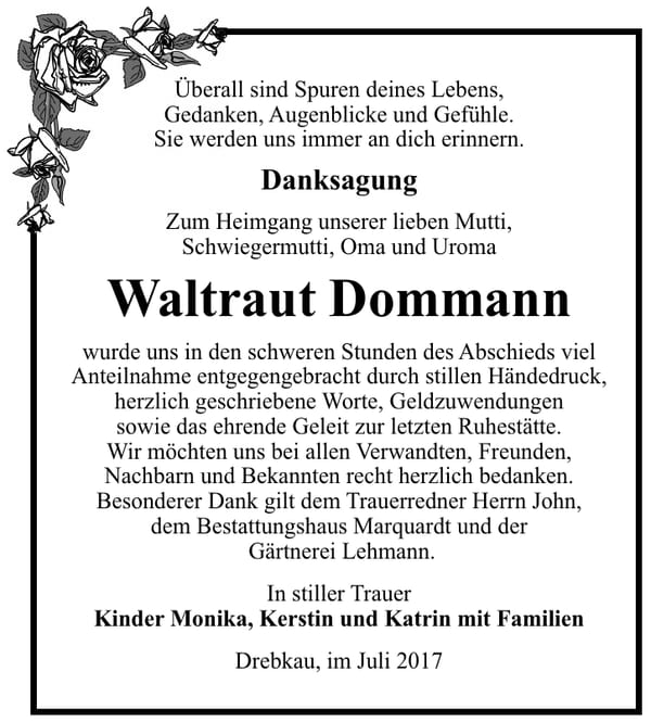 Danksagung Waltraut Dommann