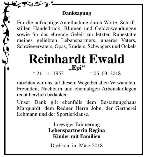 Danksagung Reinhardt Ewald
