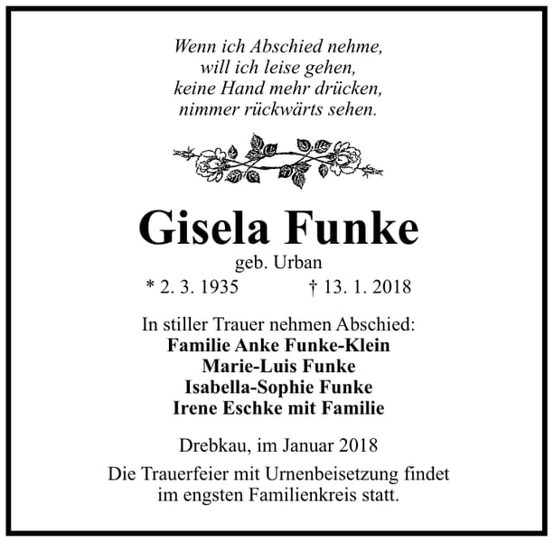 Traueranzeige Gisela Funke, geb. Urban