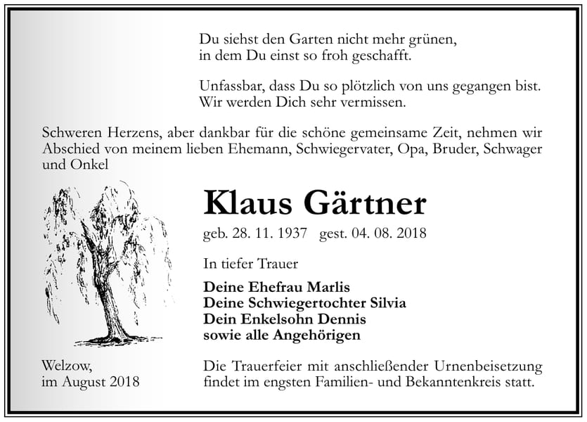 Traueranzeige Klaus Gärtner