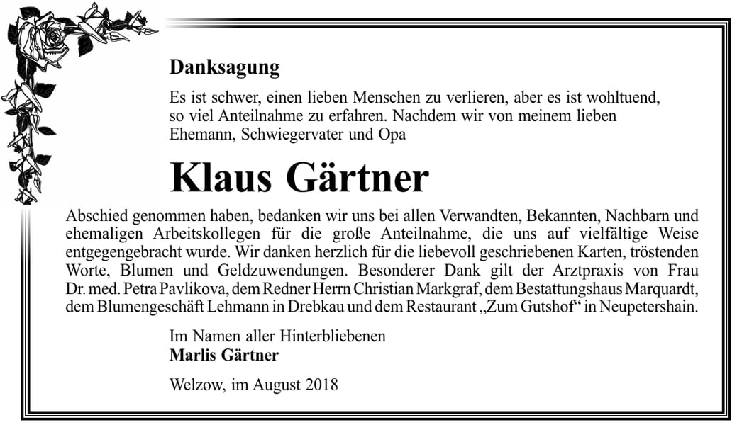 Danksagung Klaus Gärtner