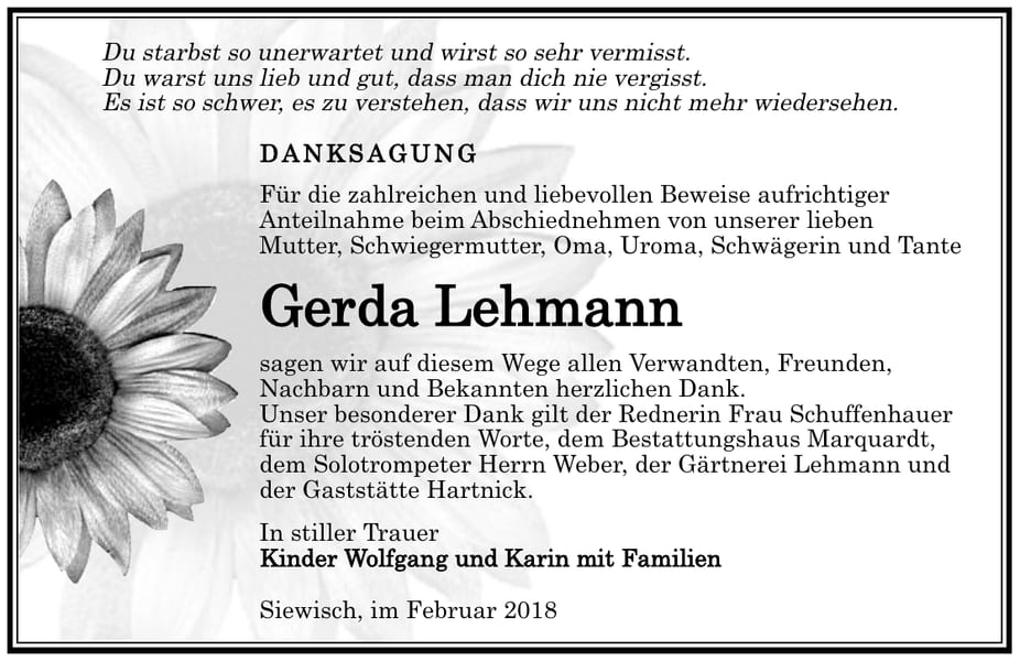 Danksagung Gerda Lehmann