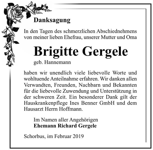 Traueranzeige Brigitte Gergele, geb. Hannemann