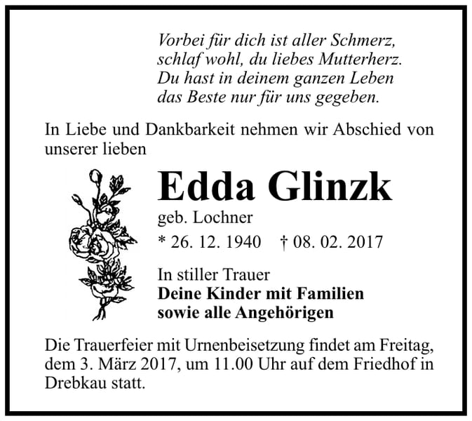 Traueranzeige Edda Glinzk, geb. Lochner