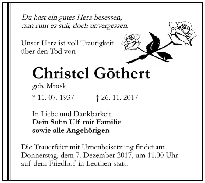 Traueranzeige Christel Göthert, geb. Mrosk
