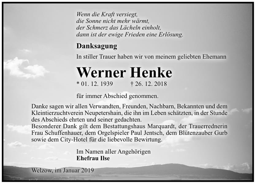 Traueranzeige Werner Henke