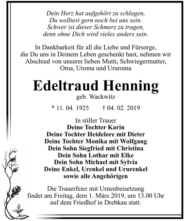 Traueranzeige Edeltraud Henning, geb. Wackwitz