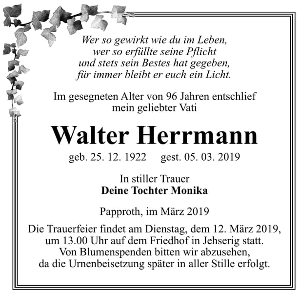 Traueranzeige Walter Herrmann