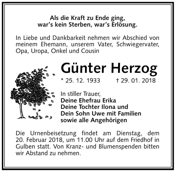 Traueranzeige Günter Herzog