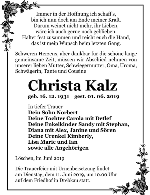 Traueranzeige Christa Kalz