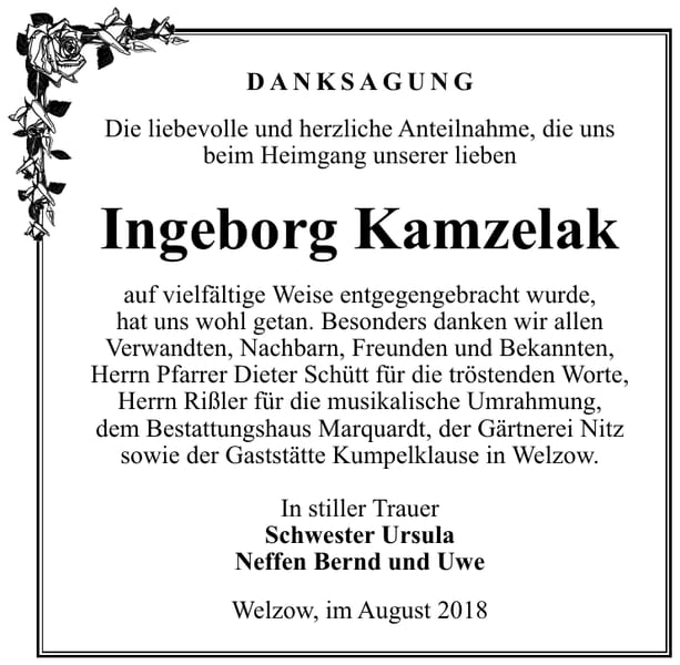 Danksagung Ingeborg Kamzelak