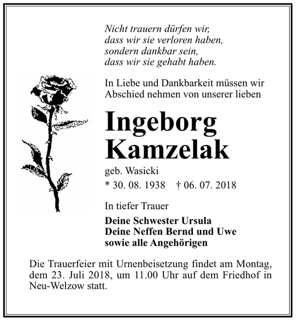 Traueranzeige Ingeborg Kamzelak, geb. Wasicki
