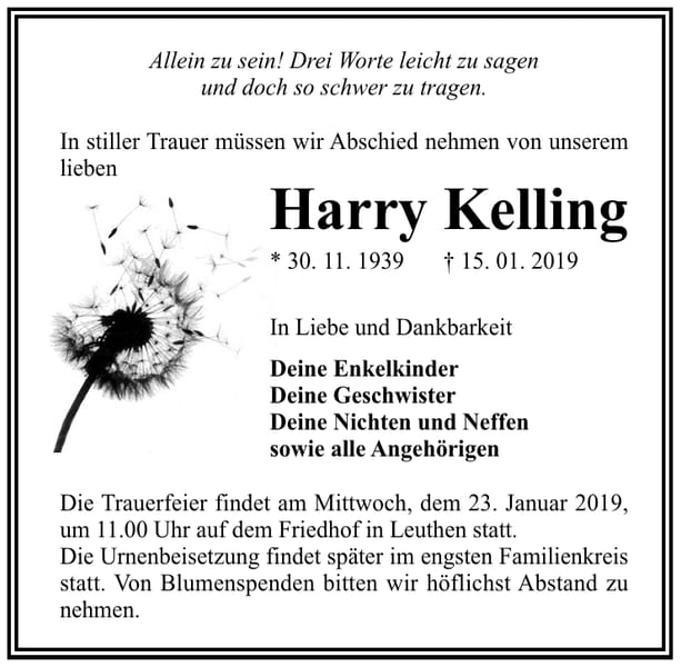 Traueranzeige Harry Kelling