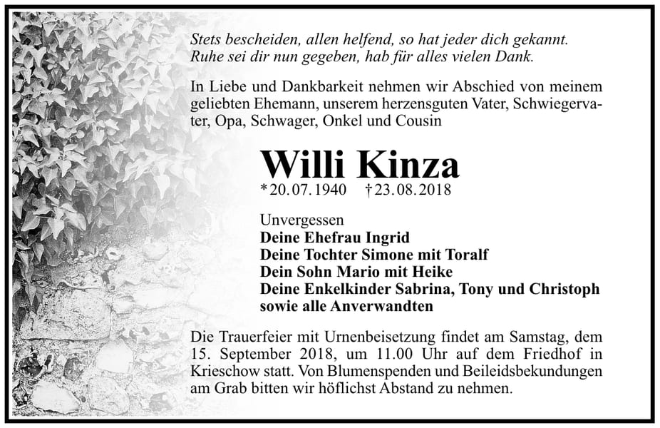 Traueranzeige Willi Kinza