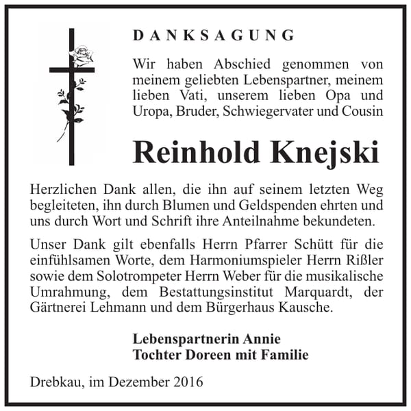 Danksagung Reinhold Knejski