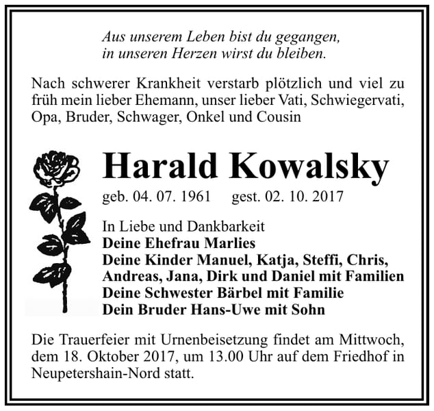 Traueranzeige Harald Kowalsky