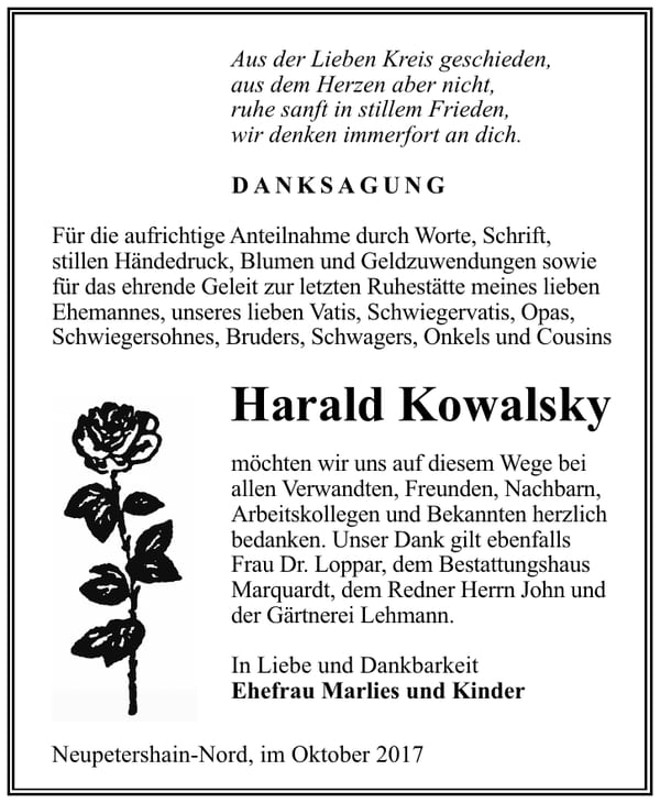 Danksagung Harald Kowalsky