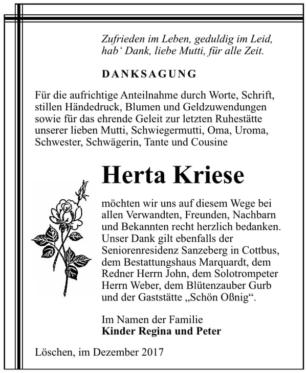 Danksagung Herta Kriese