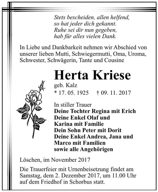 Traueranzeige Herta Kriese, geb. Kalz