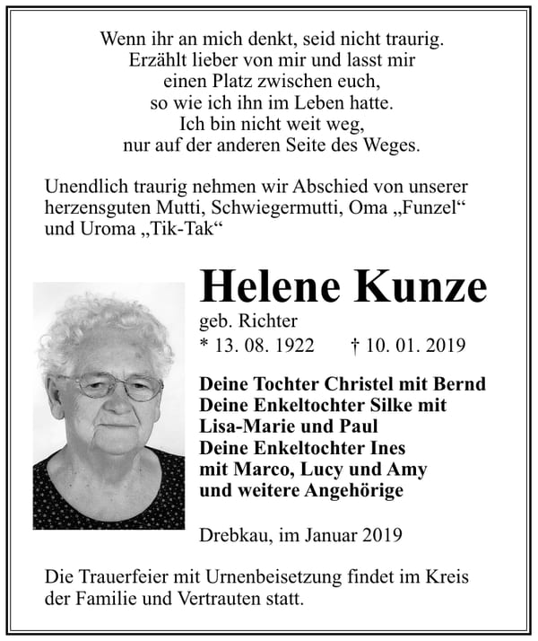 Traueranzeige Helene Kunze, geb. Richter