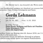 Traueranzeige Gerda Lehmann, geb. Mahler