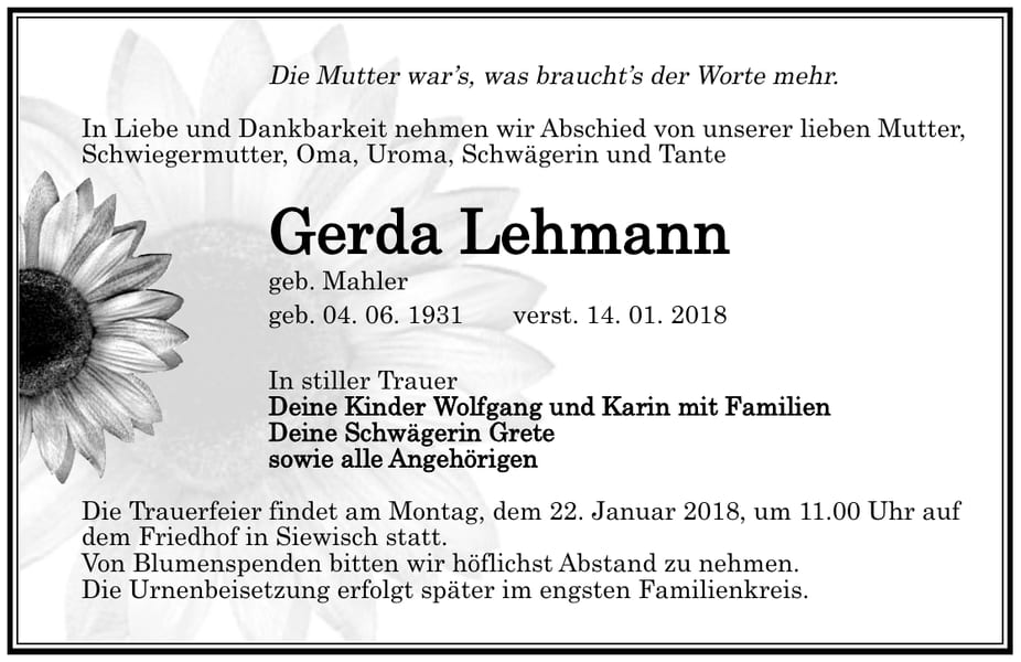 Traueranzeige Gerda Lehmann, geb. Mahler
