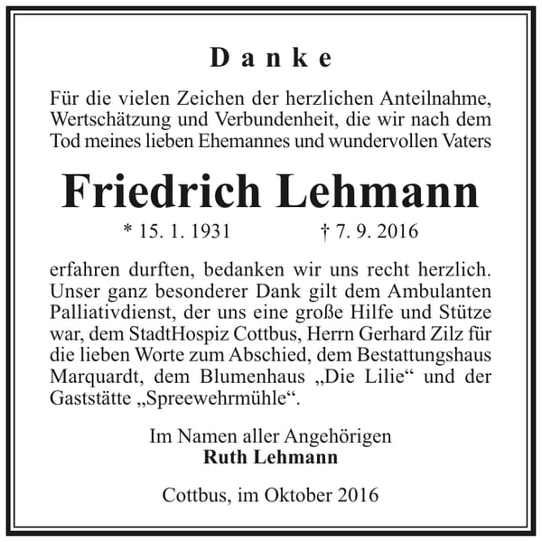 Danksagung Friedrich Lehmann
