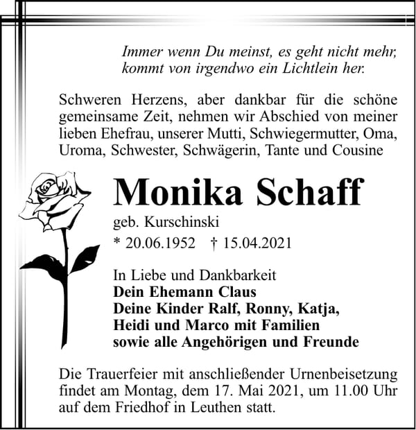 Traueranzeige Monika Schaff, geb. Kurschinski