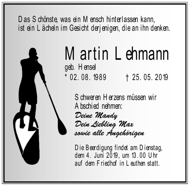 Traueranzeige Martin Lehmann, geb. Hensel