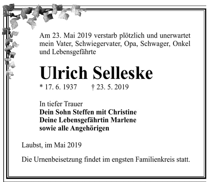 Traueranzeige Ulrich Selleske
