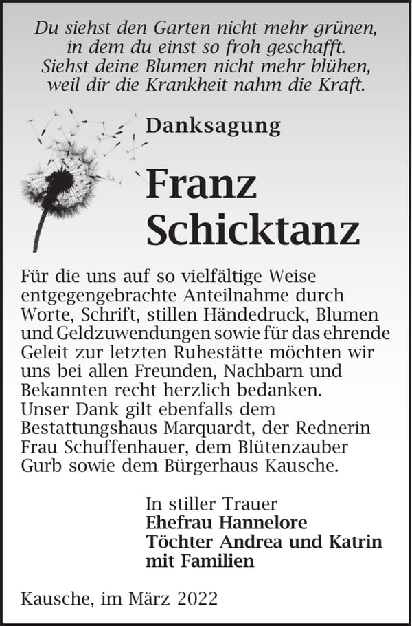 Danksagung Franz Schicktanz