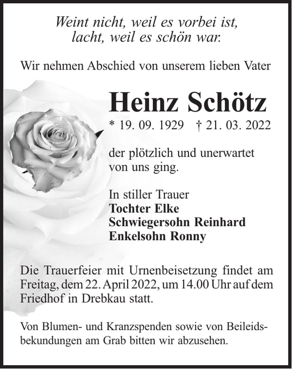 Traueranzeige Heinz Schötz