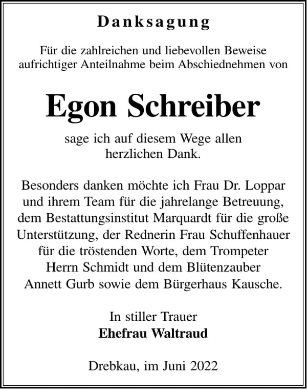 Danksagung Egon Schreiber