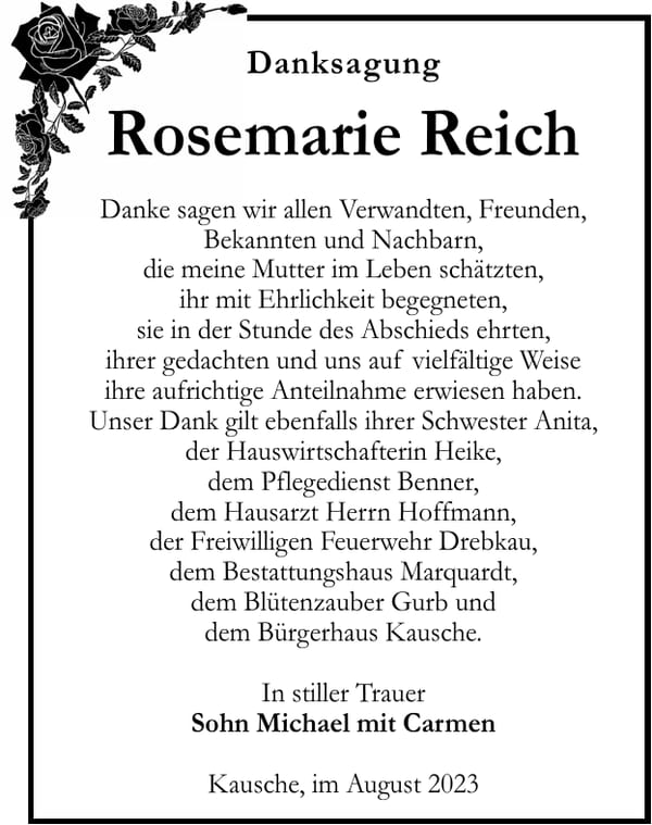 Danksagung Rosemarie Reich