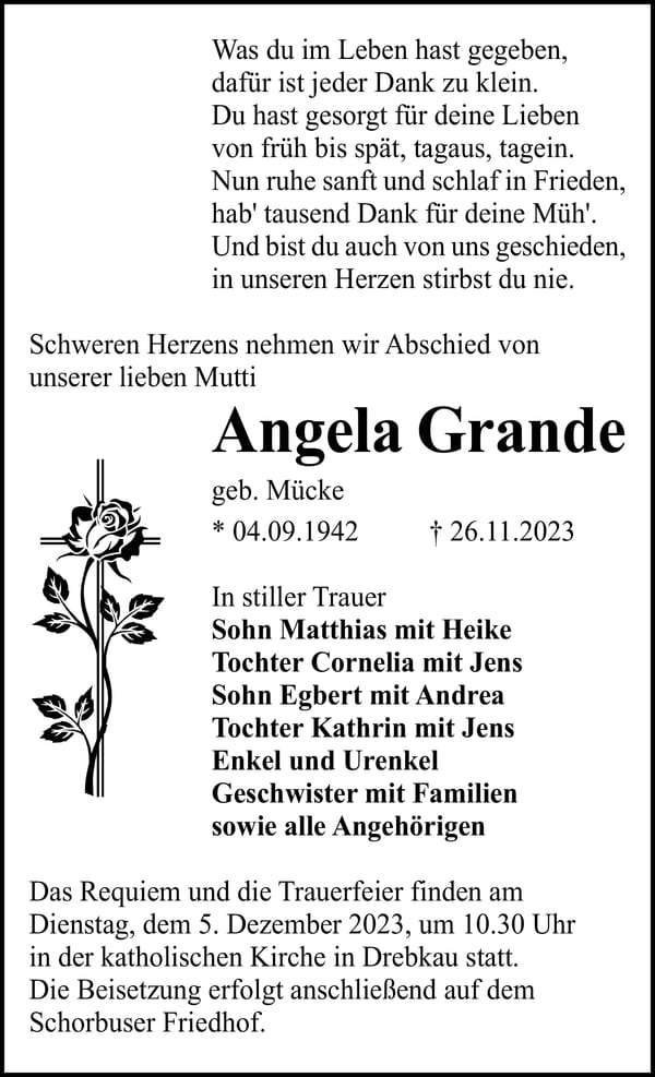 Traueranzeige Angela Grande, geb. Mücke