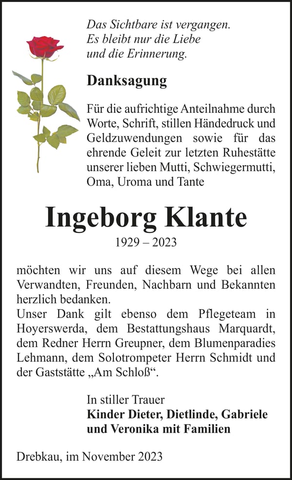 Danksagung Ingeborg Klante