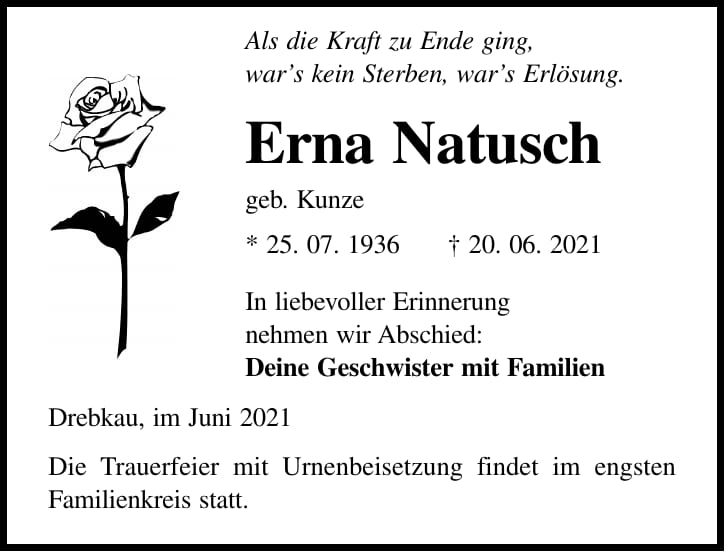 Traueranzeige Erna Natusch, geb. Kunze