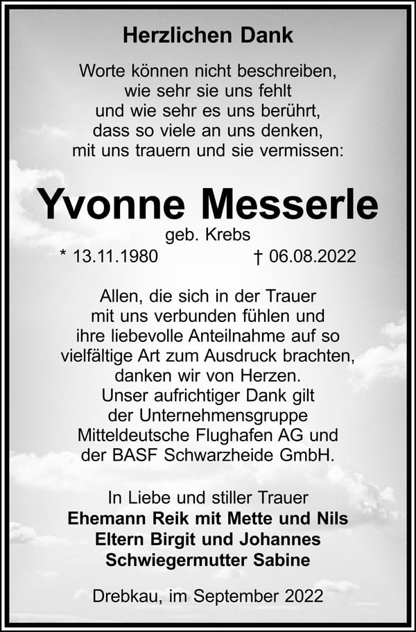 Danksagung Yvonne Messerle, geb. Krebs