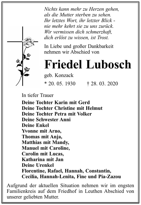 Traueranzeige Friedel Lubosch, geb. Konzack