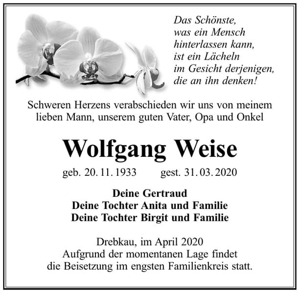 Traueranzeige Wolfgang Weise