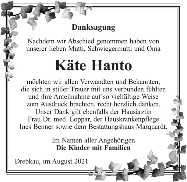 Danksagung Käte Hanto