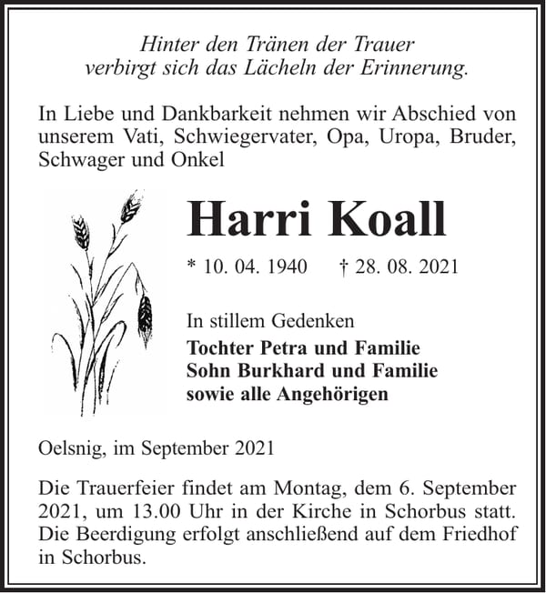 Traueranzeige Harri Koall