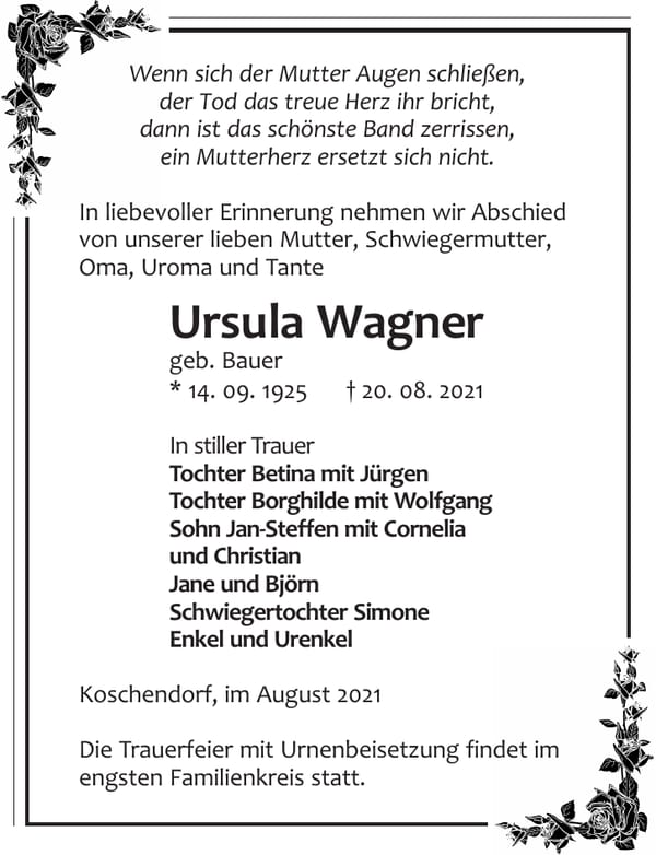 Traueranzeige Ursula Wagner, geb. Bauer