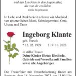 Traueranzeige Ingeborg Klante, geb. Porsch