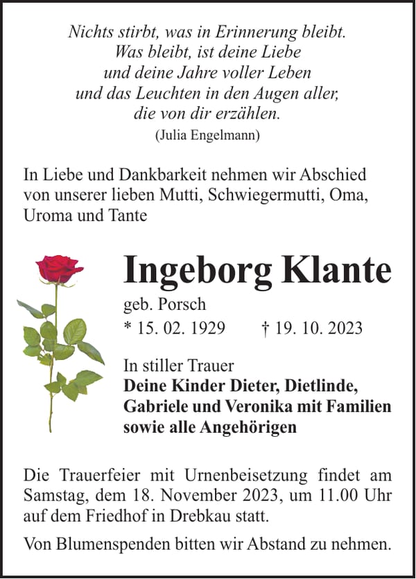Traueranzeige Ingeborg Klante, geb. Porsch