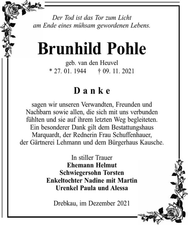 Danksagung Brunhild Pohle