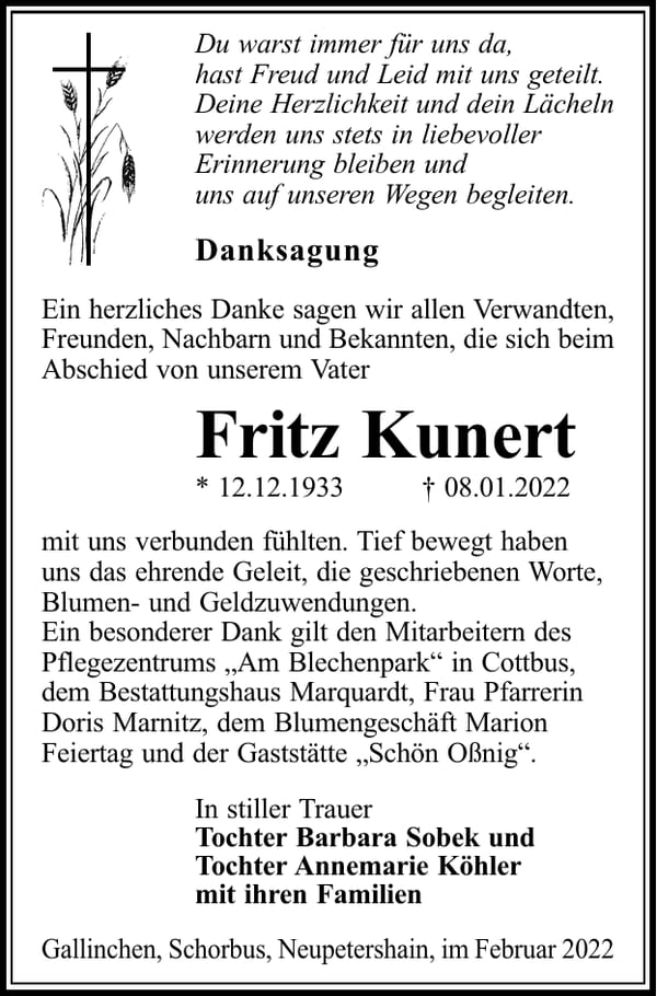 Danksagung Fritz Kunert