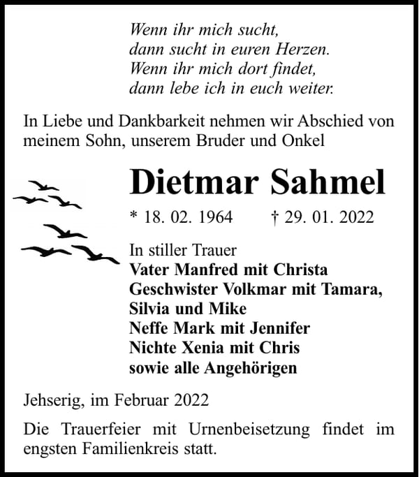 Traueranzeige Dietmar Sahmel