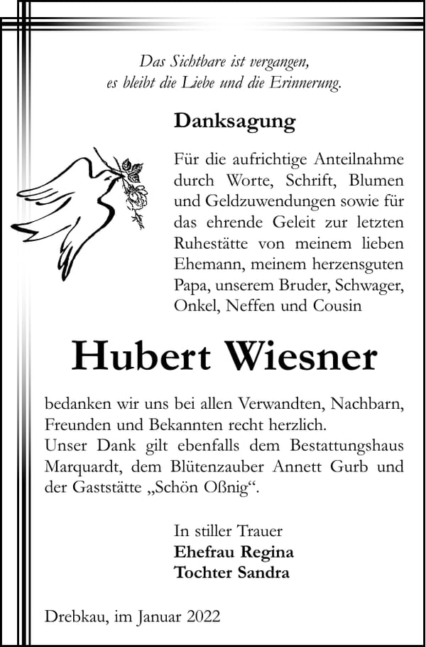 Traueranzeige Hubert Wiesner