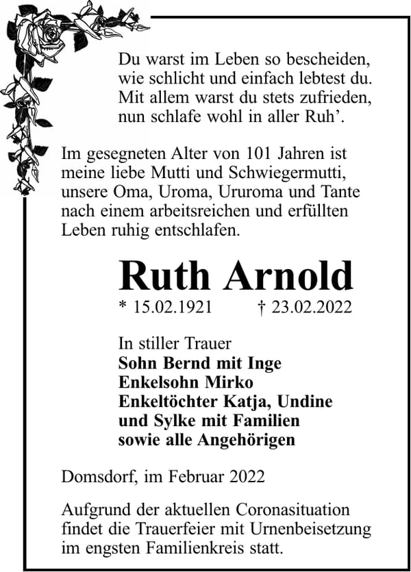 Traueranzeige Ruth Arnold